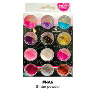 A centered, high-resolution product photograph of a carded nail art set containing twelve round jars of multi-colored cosmetic glitter powder, isolated against a pure white background