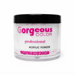 Professional "Gorgeous Color" acrylic powder jar in a 12g size, with pink labeling and a black lid, containing white powder and displayed against a white background