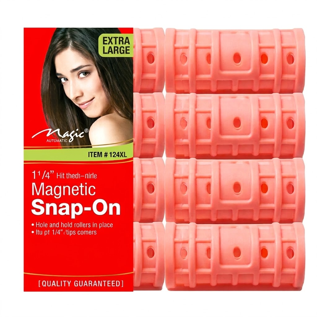 A high-resolution, centered product photograph of a set of peach-pink magnetic snap-on hair rollers against a pure white background