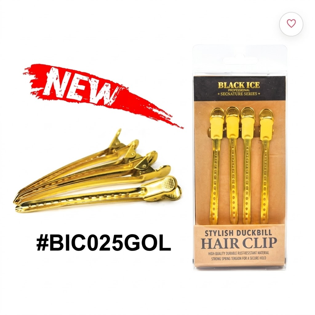Black Ice Professional stylish duckbill hair clips (Item #BIC025GOL) in metallic gold finish. Displayed on a pure white background featuring a 4-pack blister retail packaging alongside a loose stack of gold sectioning clips