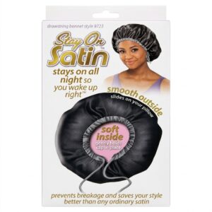 Stay On Satin Drawstring Bonnet - Black Smooth #9723BLK