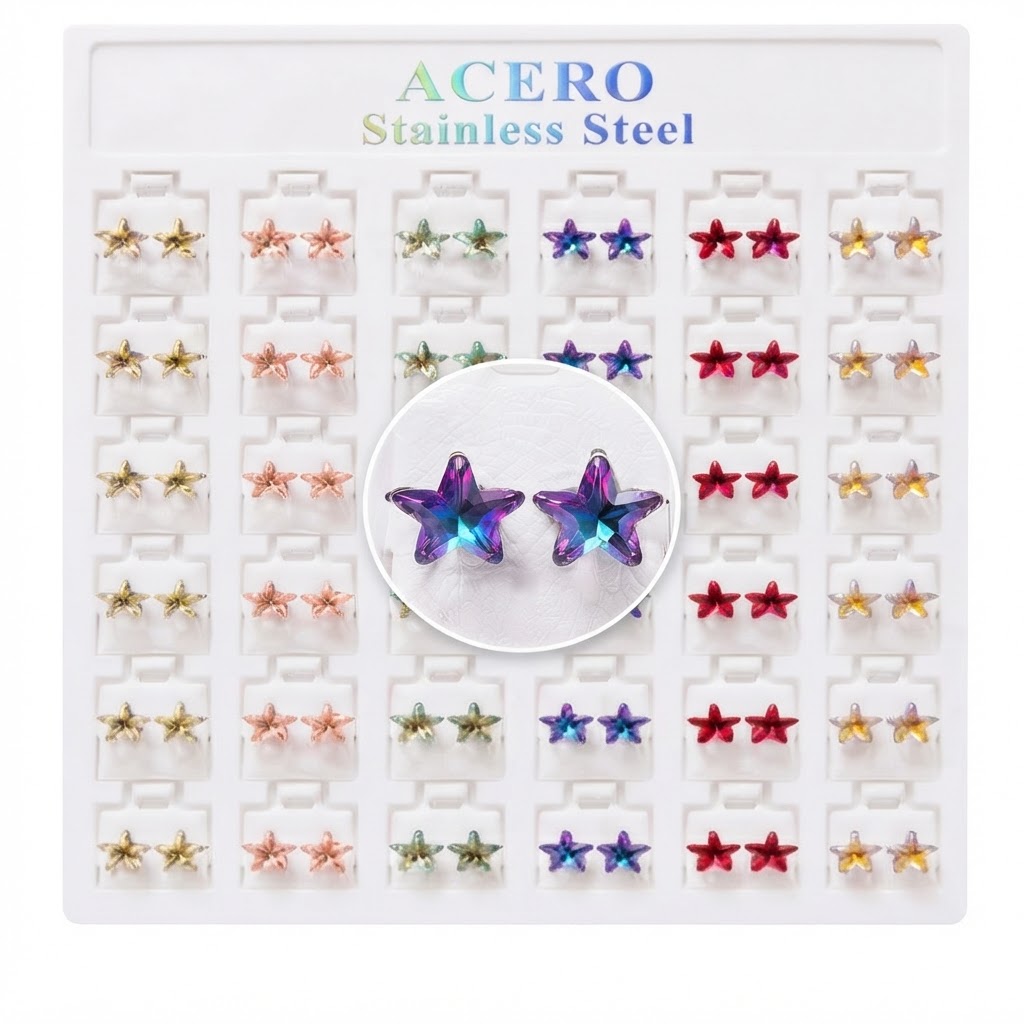 Crystal Stainless Steel Stud Star Design Display Card #112232