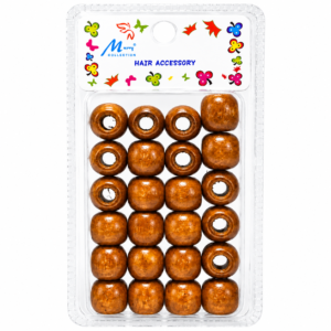 Wooden brown hair accessory beads set in clear plastic packaging with colorful butterfly design and "Hair Accessory" label