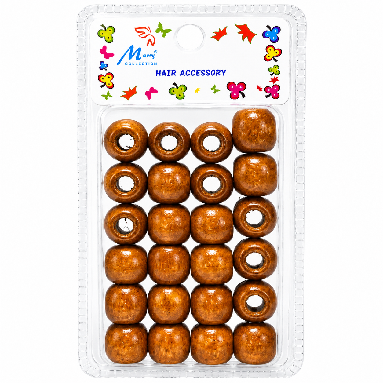 Wooden brown hair accessory beads set in clear plastic packaging with colorful butterfly design and "Hair Accessory" label