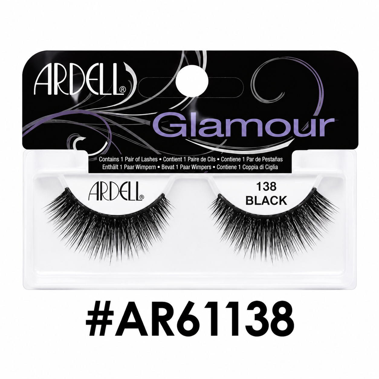 Ardell Glamour 138 Black false eyelashes (#AR61138) packaging on a pure white background