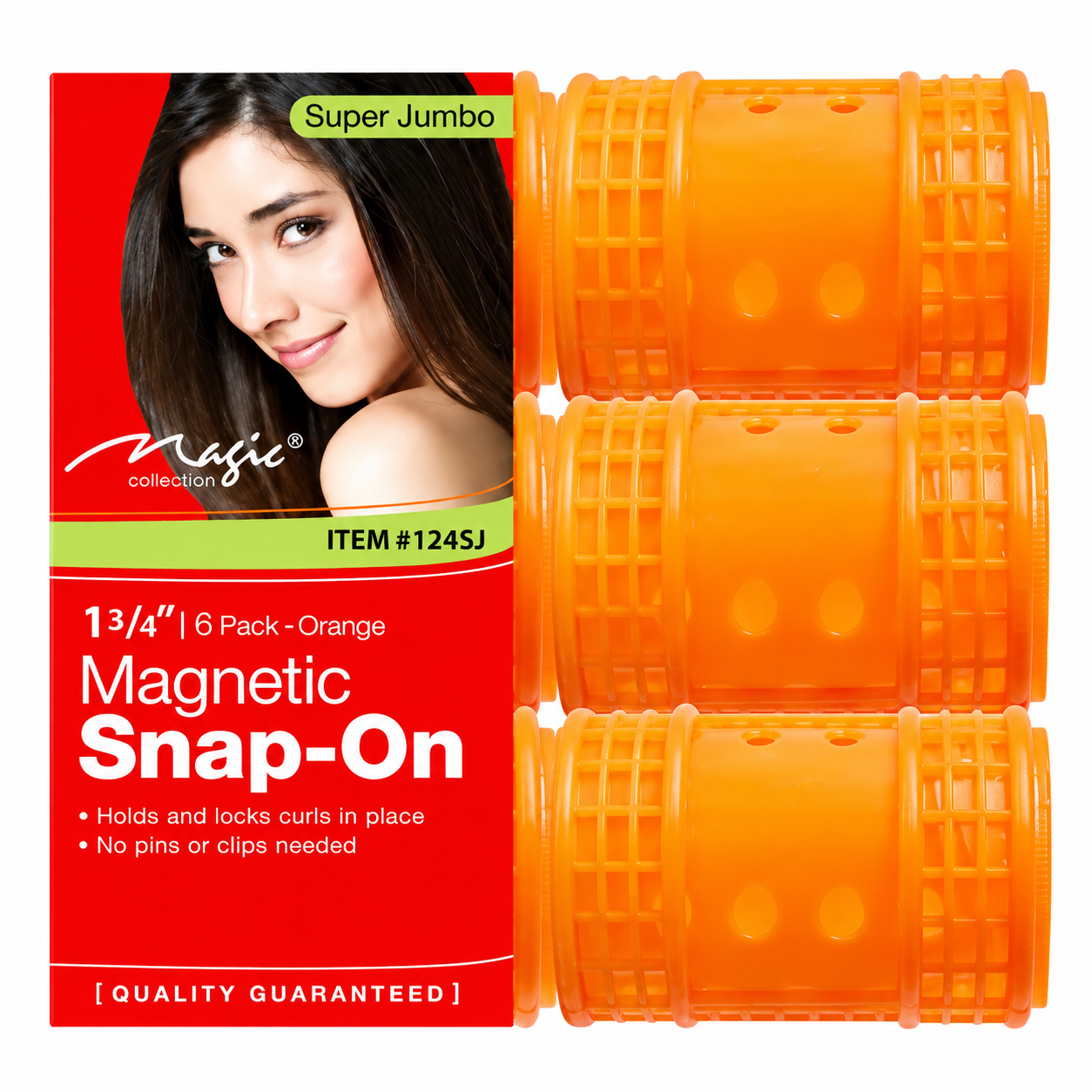 A high-resolution, centered product photograph of a set of peach-pink magnetic snap-on hair rollers against a pure white background
