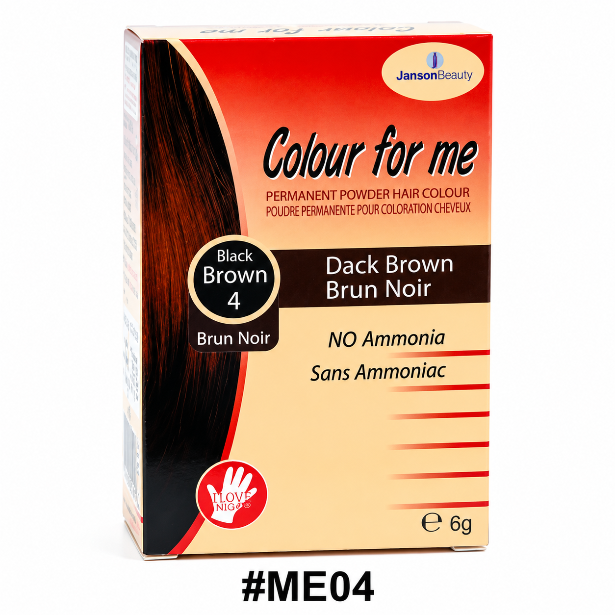 JansonBeauty Colour for Me Black Brown 4 Permanent Powder Hair Colour Box #ME04 on white background