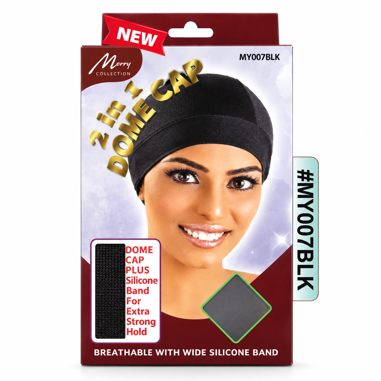 Merry Collection 2-in-1 black dome cap with wide silicone band for extra strong hold, breathable wig cap packaging.