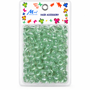 Transparent mint green glitter hair beads in Murry Collection hair accessory blister pack.