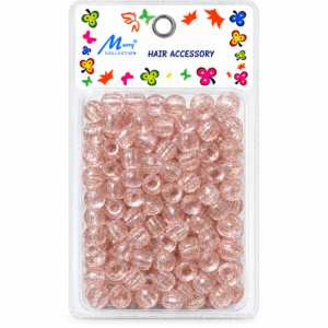 Transparent blush pink glitter hair beads in Murry Collection hair accessory blister pack.