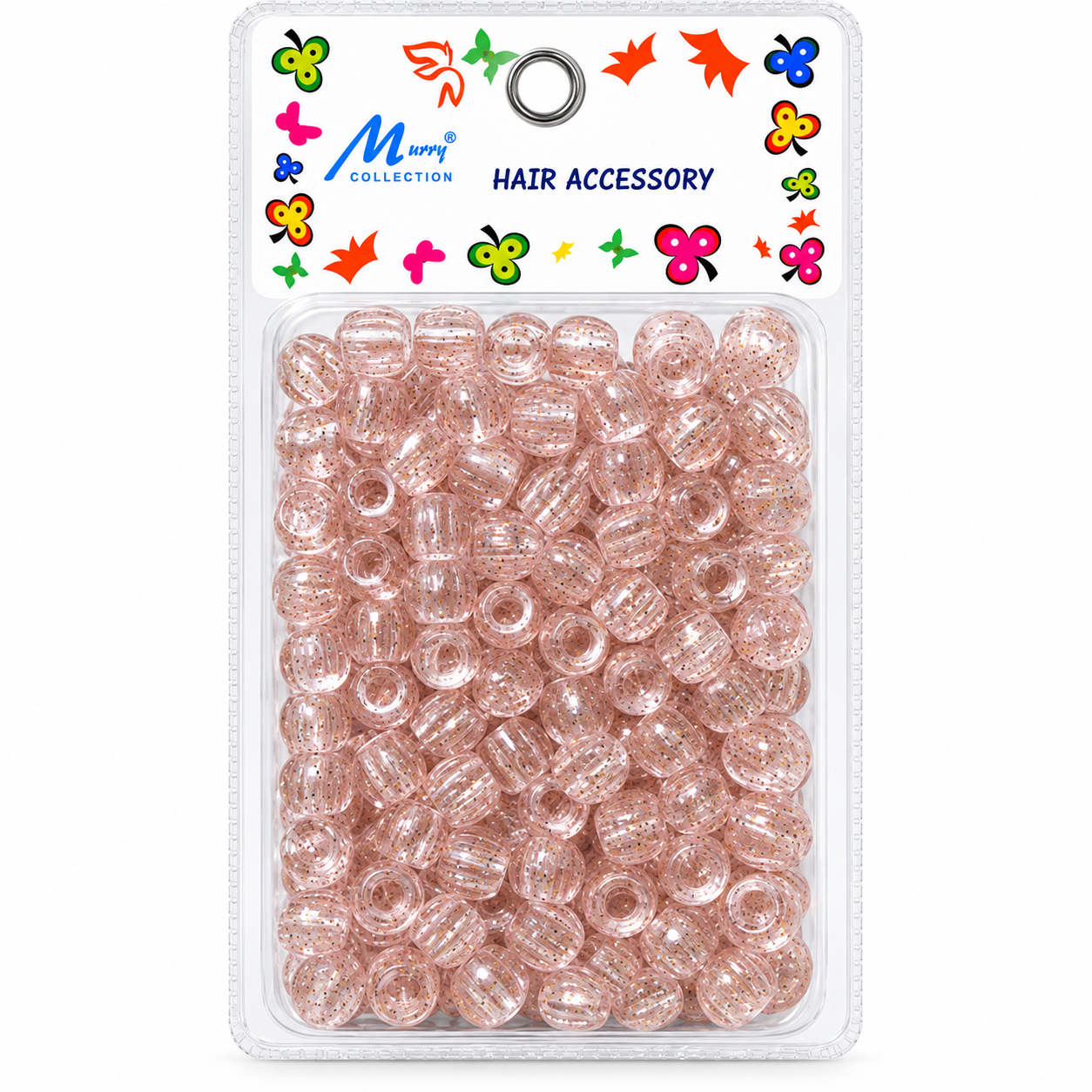 Transparent blush pink glitter hair beads in Murry Collection hair accessory blister pack.