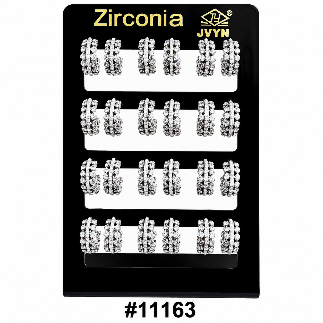 Zirconia black jewelry display board with rows of silver crystal hoop earrings