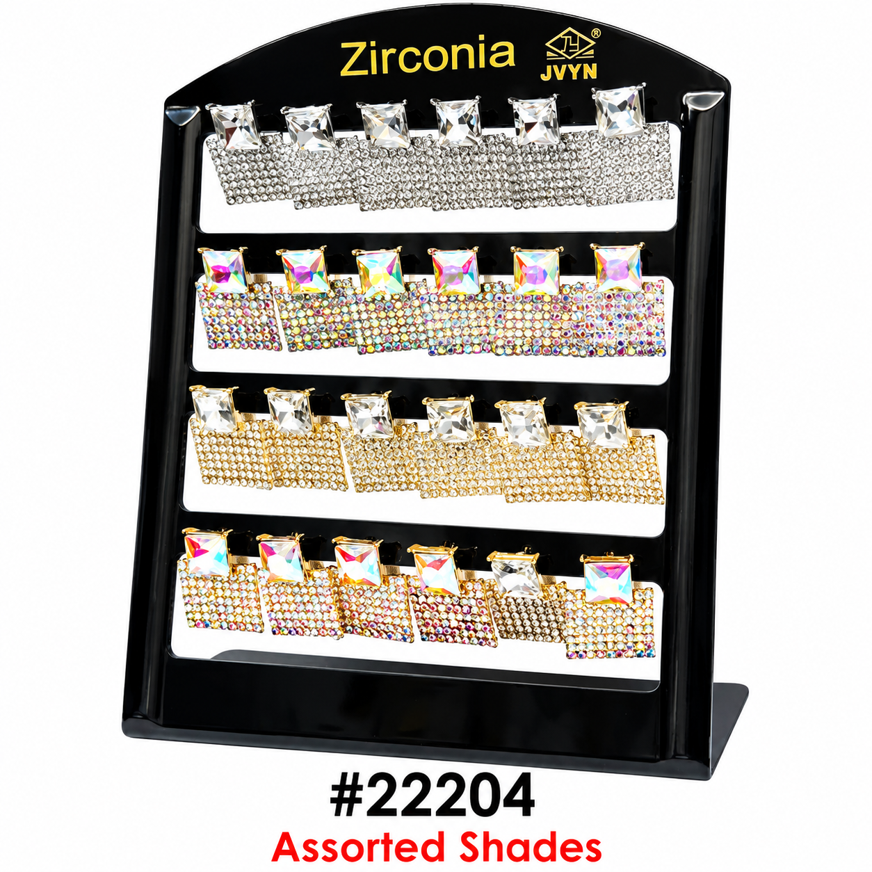 Zirconia assorted shade crystal earrings display stand with square rhinestone earrings on black board #22204