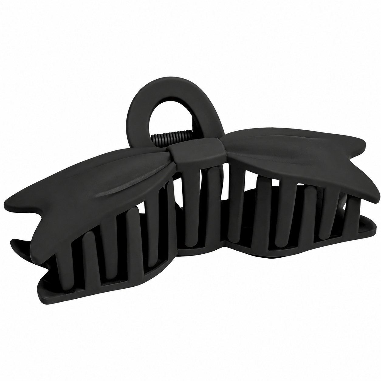 Black bow shaped hair claw clip on a white background
