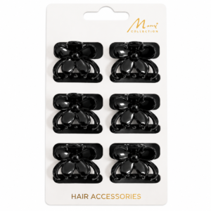 Black bow shaped hair claw clips displayed on white packaging card