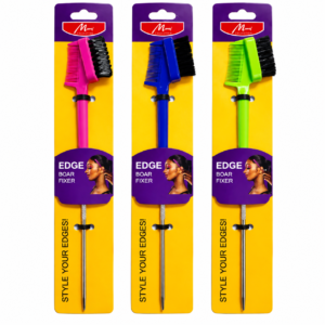 Three colorful Mami Collection Edge Boar Fixer brushes in pink, blue, and green packaging on a pure white background, featuring styling combs, edge brushes, and metal hair picks