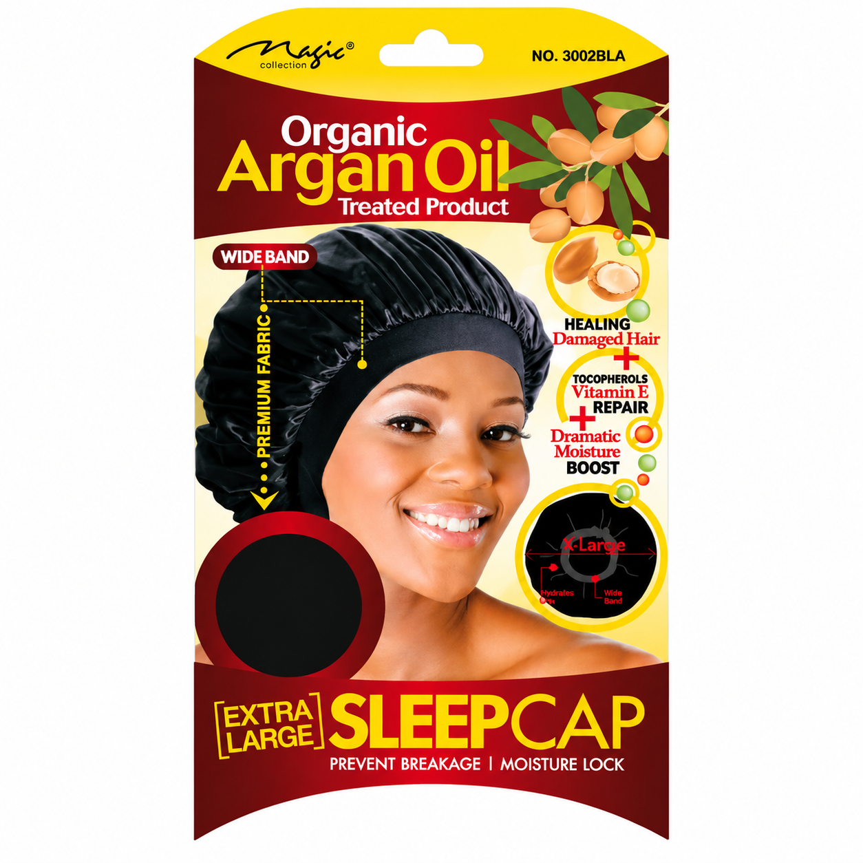 Organic Argan Oil Wide Band Sleepcap Black Bonnet with Vitamin E Repair and Moisture Lock