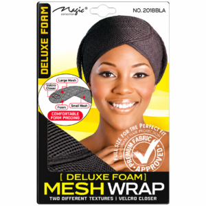 Magic Collection Deluxe Foam Mesh Wrap 2018AST featuring a navy blue breathable mesh hair wrap with comfortable foam padding and Velcro closure.