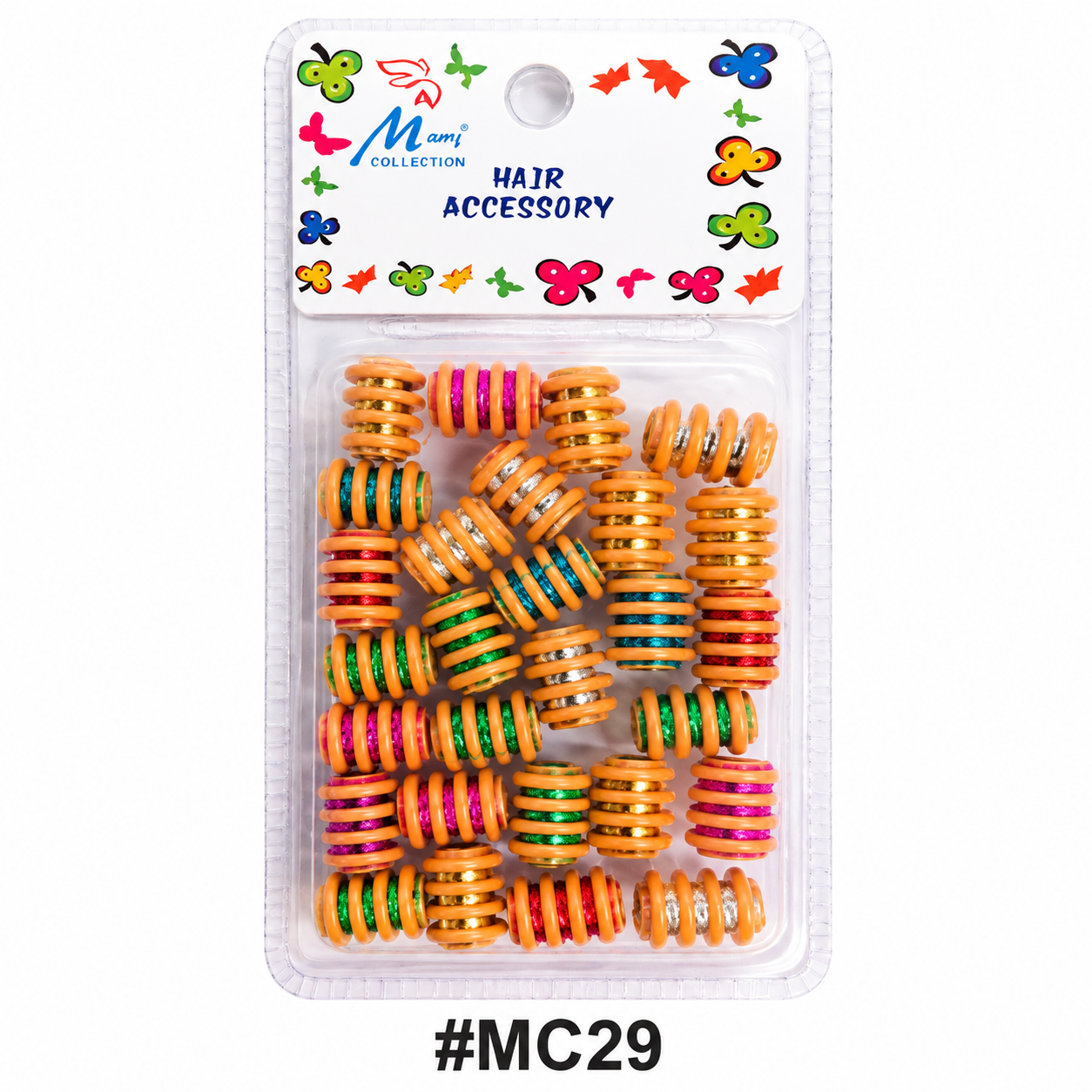 #MC29 colorful spiral hair accessory beads pack in clear packaging on white background