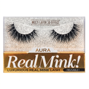 Packaging for Aura Real Mink! false eyelashes featuring two fluffy, wispy black mink lashes with a multi-layer 3D effect in a silver glitter tray with a metallic gold base.