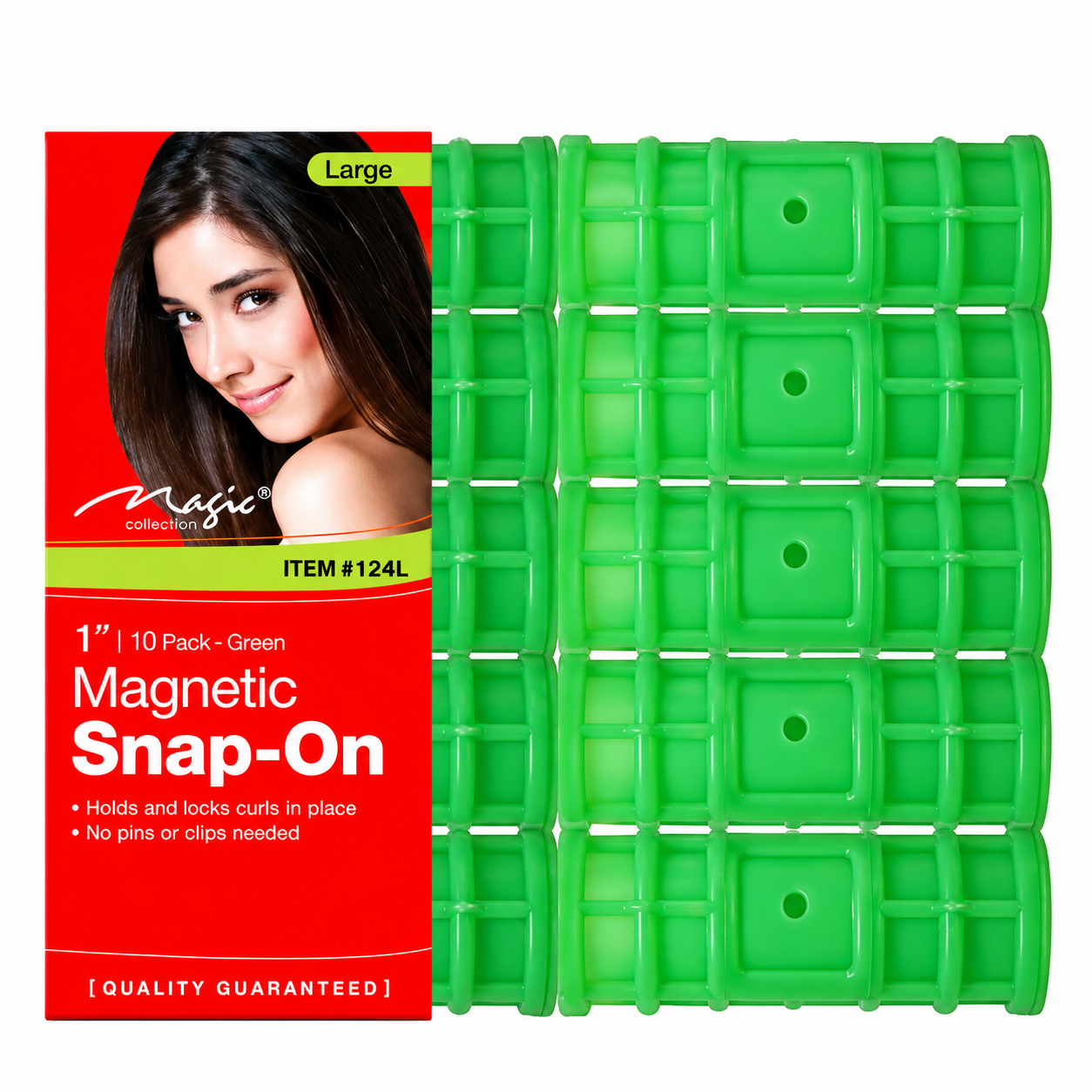 A high-resolution, centered product photograph of a set of peach-pink magnetic snap-on hair rollers against a pure white background