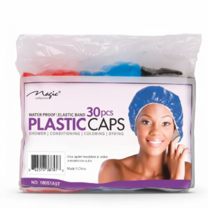 Alt Text: Packaging for Magic Collection bulk plastic shower caps, containing 30 pieces, featuring a smiling woman wearing a blue cap, barcode, and text 'WATER PROOF | ELASTIC BAND PLASTIC CAPS'