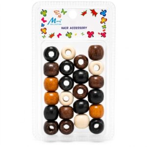 Assorted wooden beads in black, brown, and blonde for hair styling and accessories
