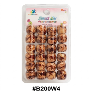 Retail blister pack of Bead Dr hair accessories, item #B200W4, containing 24 dark wood-effect hair beads with an intricate engraved floral pattern, organized in 6 rows of 4 columns, on a pure white background