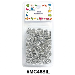 A centered product photograph of a clear blister pack containing silver-colored coiled hair rings, isolated on a pure white background