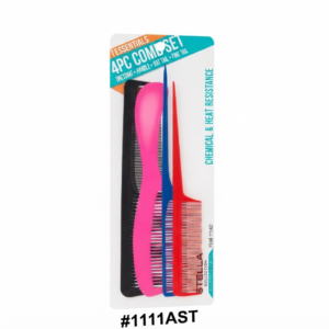 Stella ESSENTIAL 4PC Comb Set in assorted colors including black, pink, blue, and red, featuring dressing, handle, rat tail, and fine tail combs in original packaging with item number