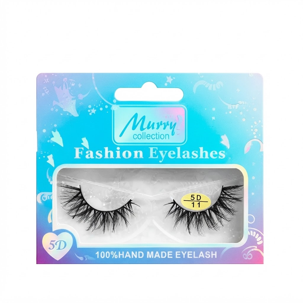 Alt Text: Packaging for Murry Collection Fashion Eyelashes, featuring 100% handmade 5D false eyelashes (Style 5D 11) in a blue and purple decorative box, presented on a pure white background.