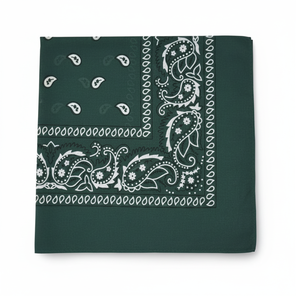 Dark Green Paisley Bandana with White Decorative Border and Teardrop Pattern