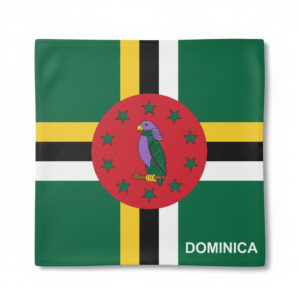 Dominica Flag with Green Background, Yellow Black and White Cross, and Parrot Emblem