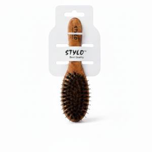 Stella Wooden Hair Brush with Black Bristles on White Packaging