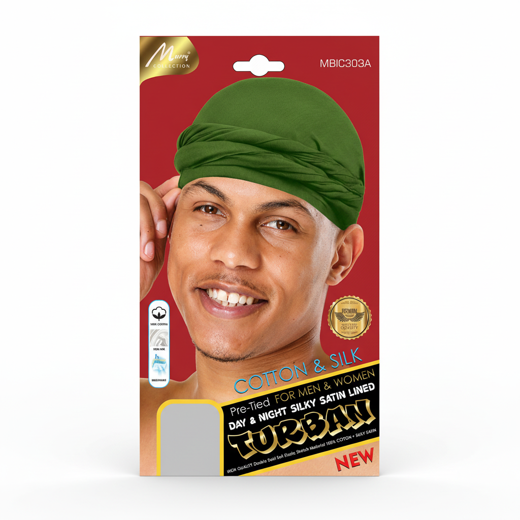 Cotton & Silk Pre-Tied Turban Green - Day & Night Satin Lined #MBIC303A