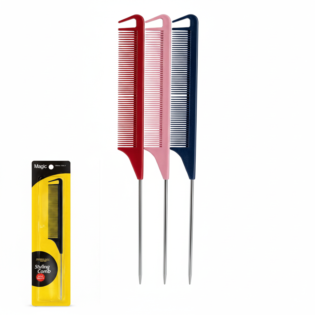 Rat Tail Combs Set in Red, Pink and Blue with Metal Pin Handles