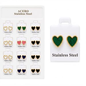 Stainless Steel Heart Ear Studs in assorted colours displayed on a card.