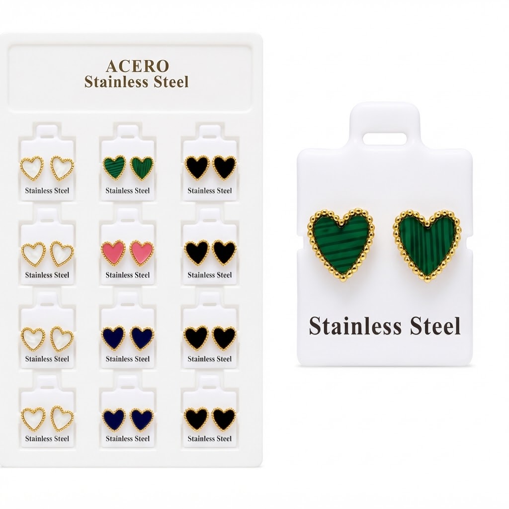 Stainless Steel Heart Ear Studs in assorted colours displayed on a card.