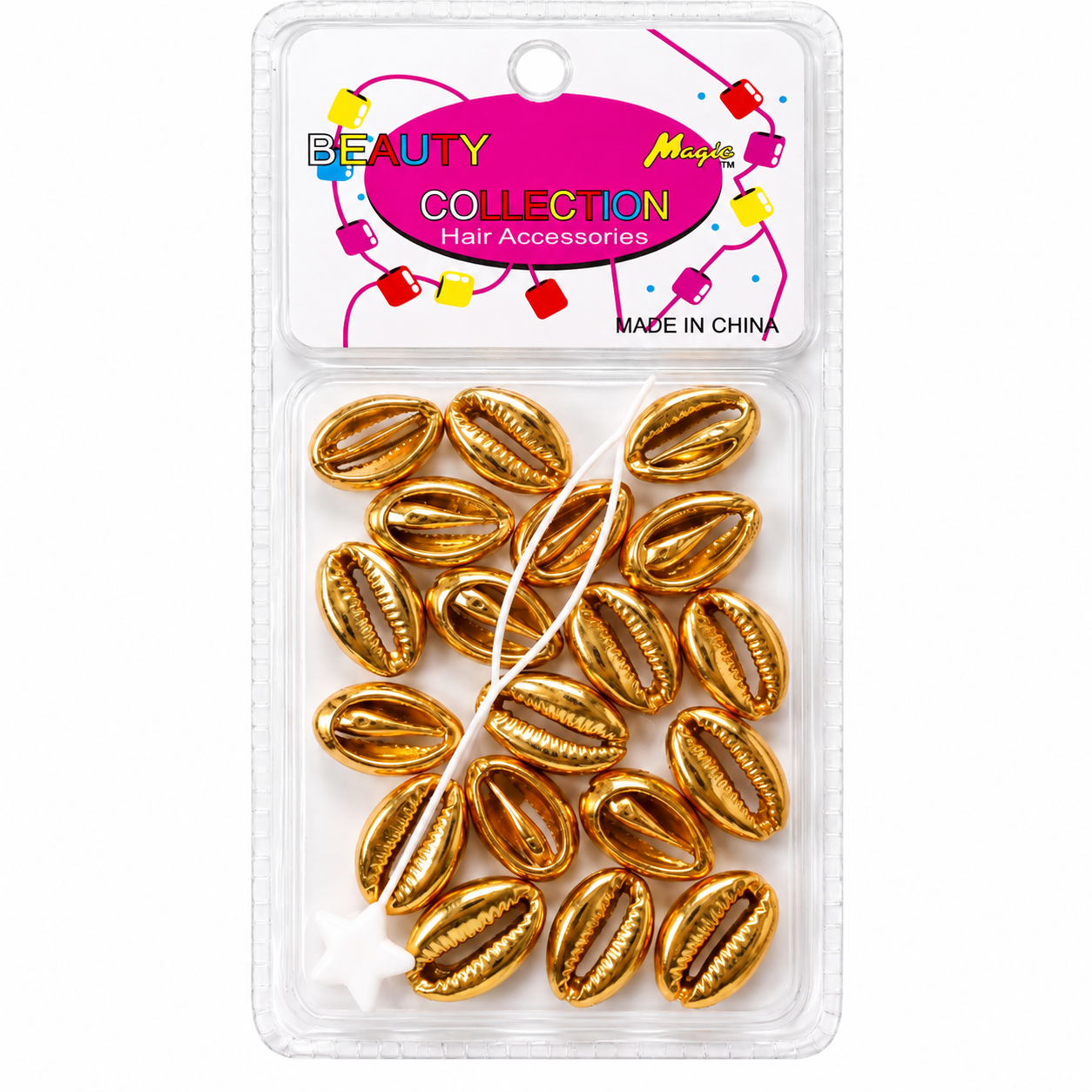 Small Hair Shell Gold beads in a clear packaging, perfect for hair styling