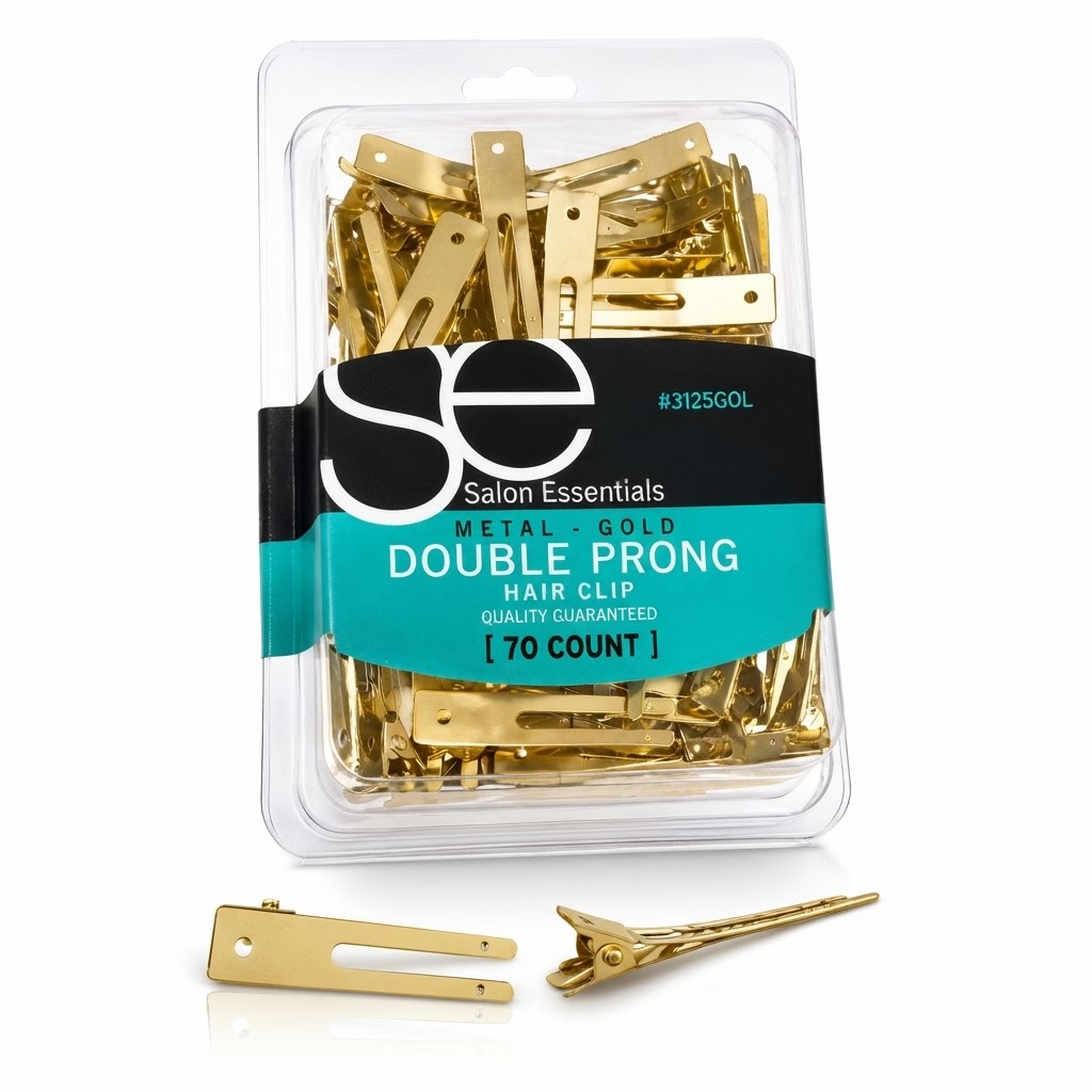 Salon Essentials gold double prong hair clips pack with individual clips shown