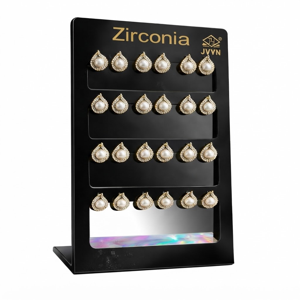 Heart shaped earrings with zirconia stones displayed on a stand