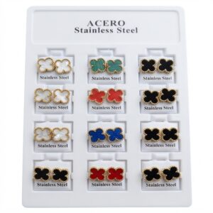 Stainless Steel Clover Design Earrings in assorted colours displayed on a card