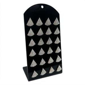 Earring Triangle Silver Stone displayed on a stand