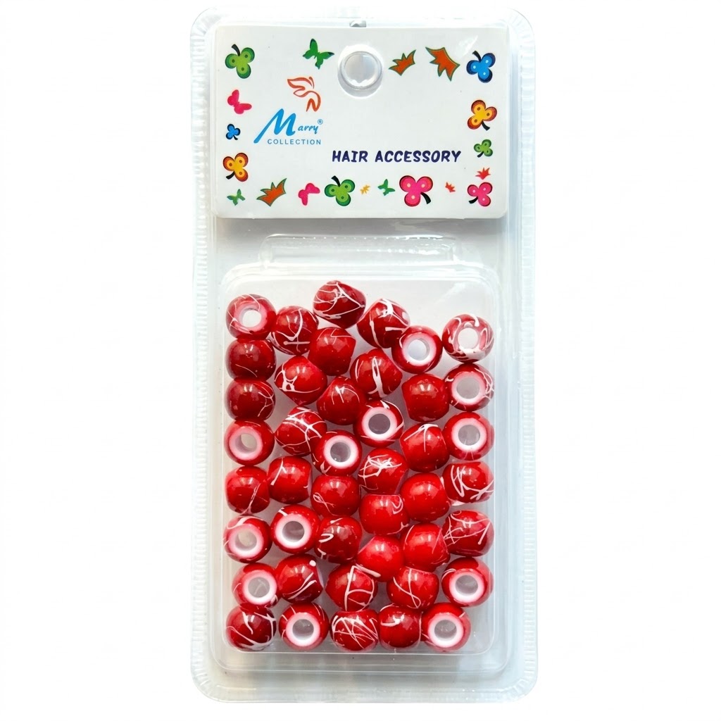 Glossy red marble effect hair beads in a pack