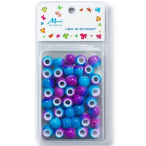 Two-tone blue and purple hair beads packed in a clear container