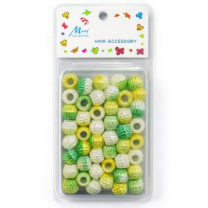Barrel-shaped hair beads in green, yellow, and white packaging for hair accessories