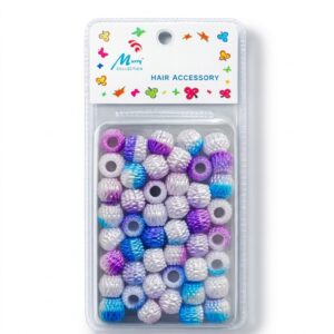 Pack of barrel-shaped hair beads in purple, blue and white colours