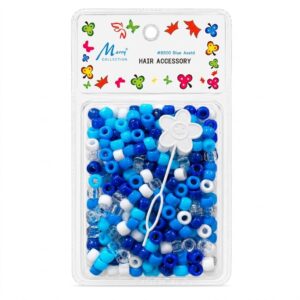 Assorted blue round hair beads in a pack