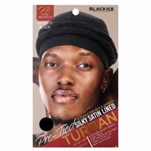 Black Ice Pre-Tied Turban in black with silky satin lining