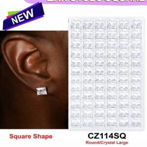 Cubic Zirconia Large Square Silver Colour ear studs displayed on ear